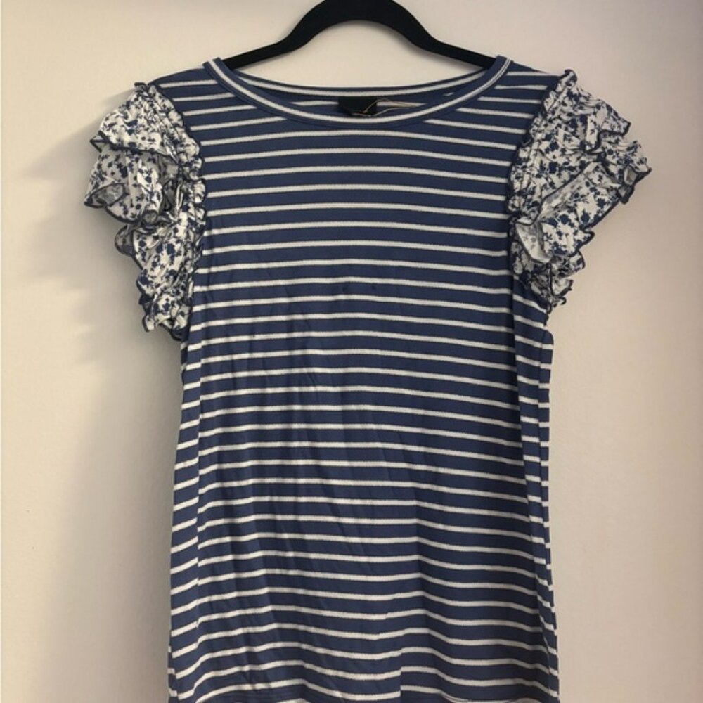 W5 Anthropologie boho Blue Striped Women's Top with Floral Sleeves small